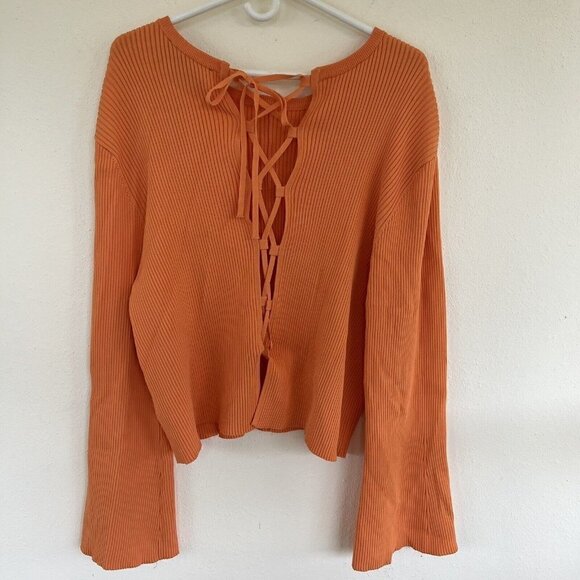 Royalty by Maluma Ribbed Lace-up back knit Top plus size 3X Orange bell sleeves - Picture 1 of 8